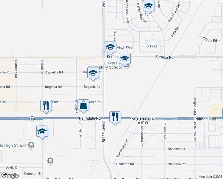 map of restaurants, bars, coffee shops, grocery stores, and more near 14317 Amethyst Road in Victorville