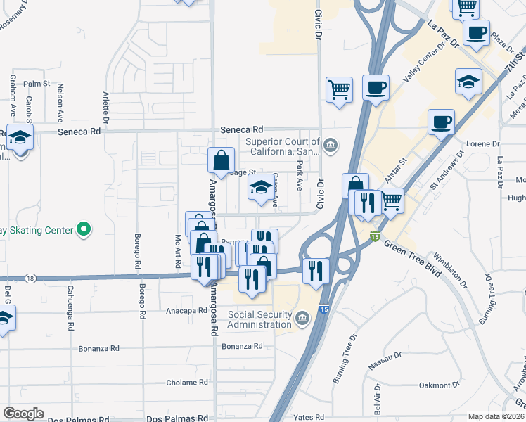 map of restaurants, bars, coffee shops, grocery stores, and more near 15428 Civic Drive in Victorville