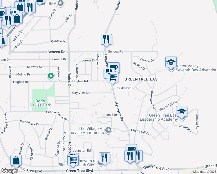 map of restaurants, bars, coffee shops, grocery stores, and more near 14258 Hesperia Road in Victorville