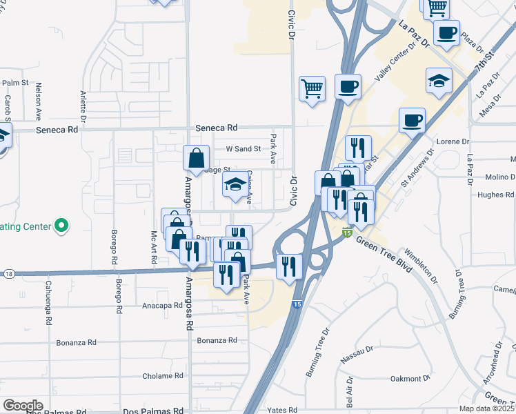 map of restaurants, bars, coffee shops, grocery stores, and more near 15490 Civic Drive in Victorville