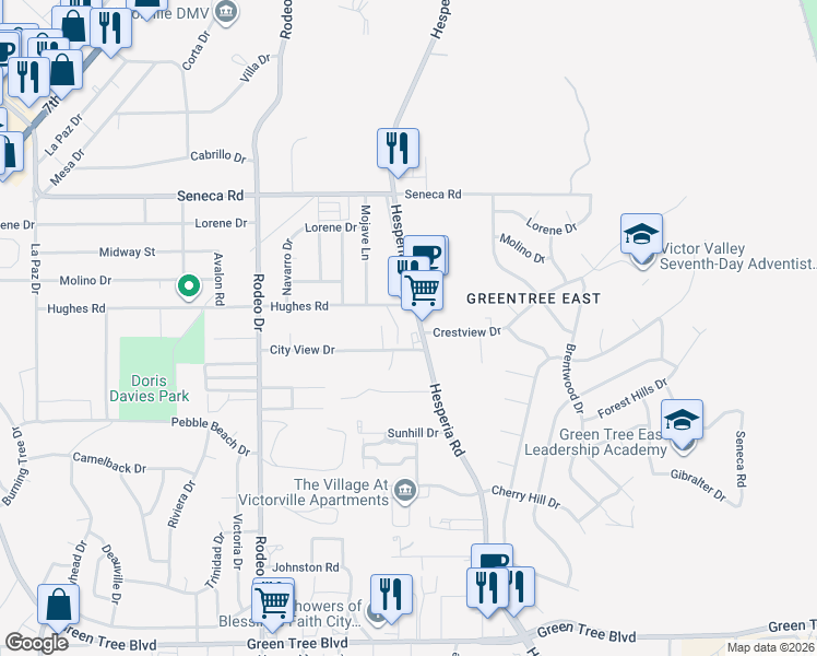 map of restaurants, bars, coffee shops, grocery stores, and more near 14258 Hesperia Road in Victorville