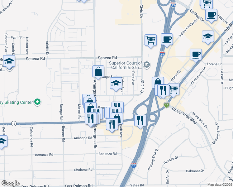 map of restaurants, bars, coffee shops, grocery stores, and more near 15428 Civic Drive in Victorville