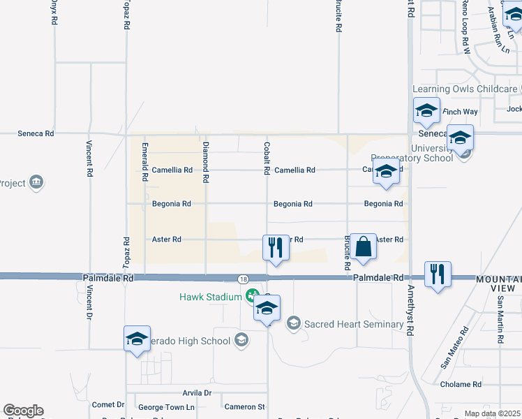map of restaurants, bars, coffee shops, grocery stores, and more near 13283 Begonia Road in Victorville