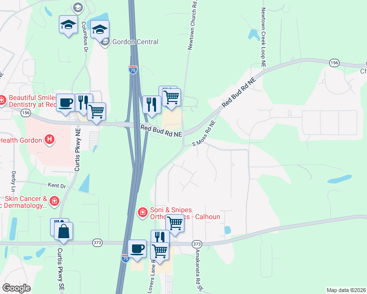 map of restaurants, bars, coffee shops, grocery stores, and more near 1128 Red Bud Road Northeast in Calhoun
