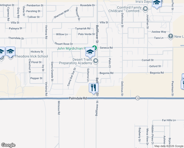 map of restaurants, bars, coffee shops, grocery stores, and more near 14298 Katie Drive in Adelanto