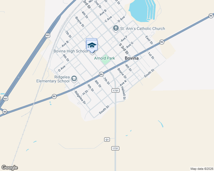 map of restaurants, bars, coffee shops, grocery stores, and more near 600-698 Avenue I in Bovina