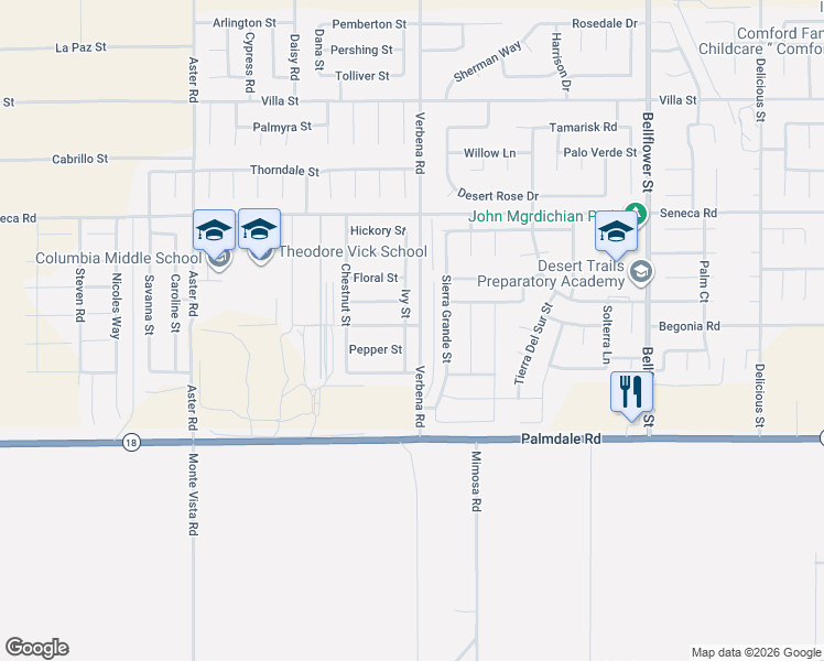 map of restaurants, bars, coffee shops, grocery stores, and more near 14293 Ivy Street in Adelanto