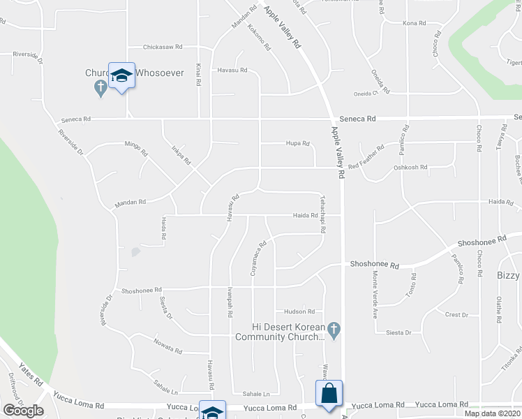 map of restaurants, bars, coffee shops, grocery stores, and more near 19070 Haida Road in Apple Valley