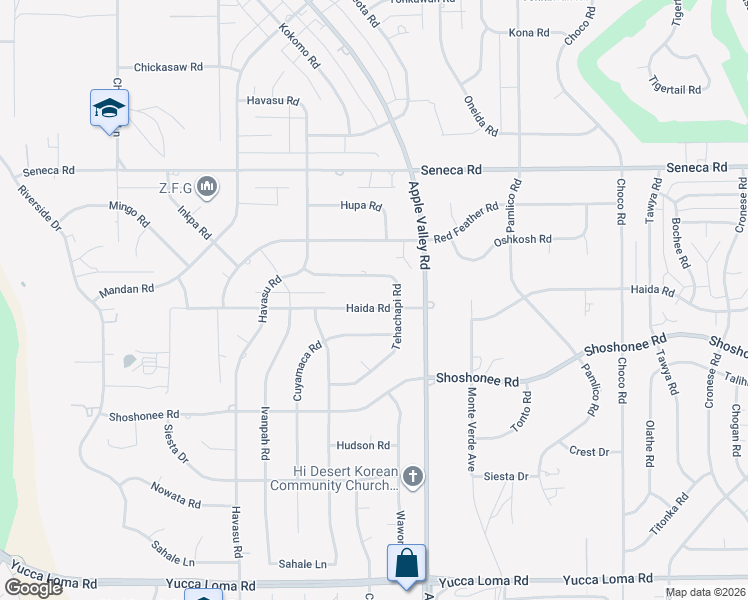 map of restaurants, bars, coffee shops, grocery stores, and more near 19215 Tehachapi Road in Apple Valley