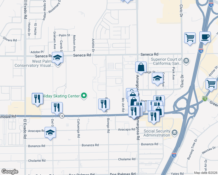 map of restaurants, bars, coffee shops, grocery stores, and more near 14344 Mcart Road in Victorville