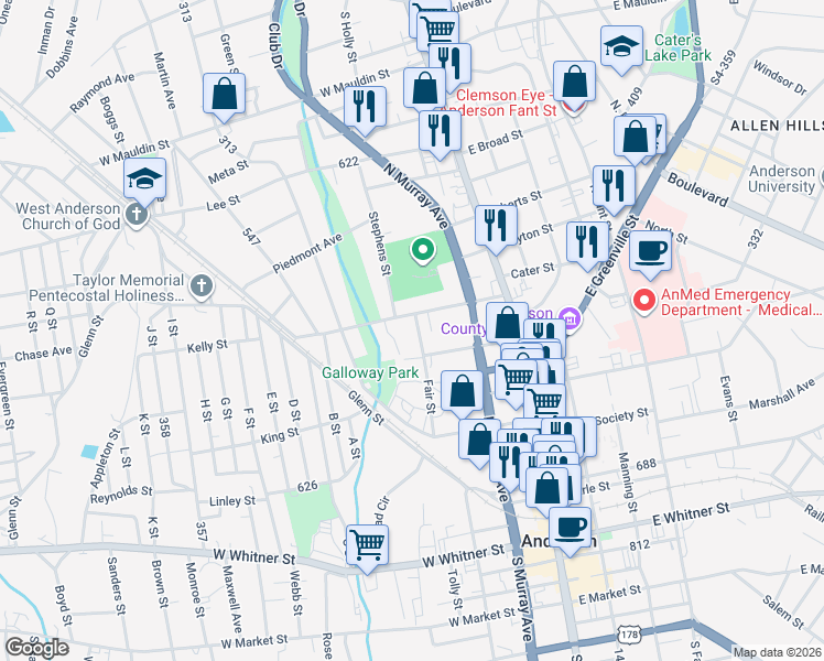 map of restaurants, bars, coffee shops, grocery stores, and more near 303 Bleckley Street in Anderson