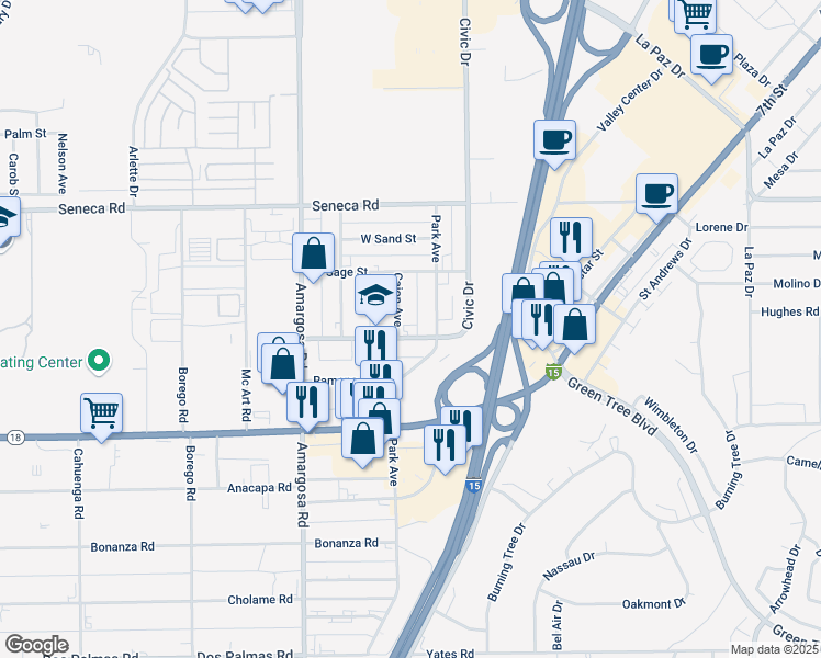 map of restaurants, bars, coffee shops, grocery stores, and more near 15490 Civic Drive in Victorville