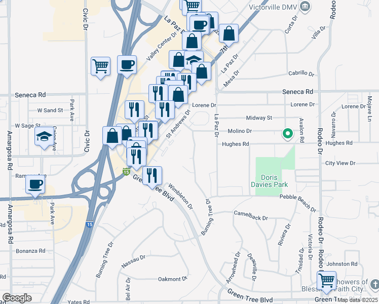 map of restaurants, bars, coffee shops, grocery stores, and more near 14268 Burning Tree Drive in Victorville