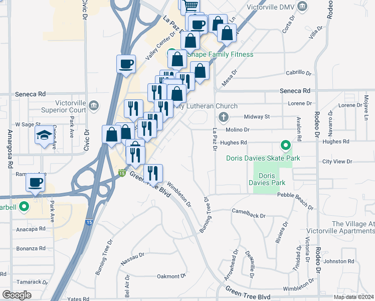 map of restaurants, bars, coffee shops, grocery stores, and more near 14268 Burning Tree Drive in Victorville