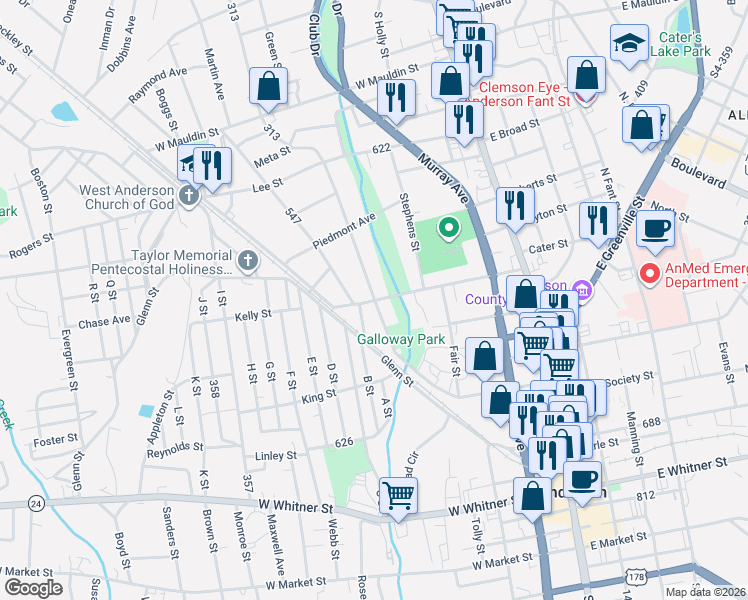 map of restaurants, bars, coffee shops, grocery stores, and more near Bleckley St & Tribble St in Anderson