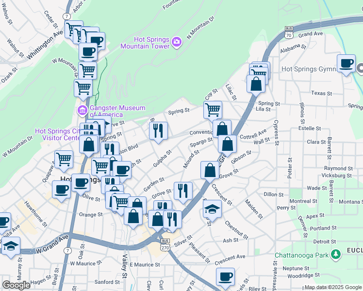 map of restaurants, bars, coffee shops, grocery stores, and more near 203 Spargo Street in Hot Springs