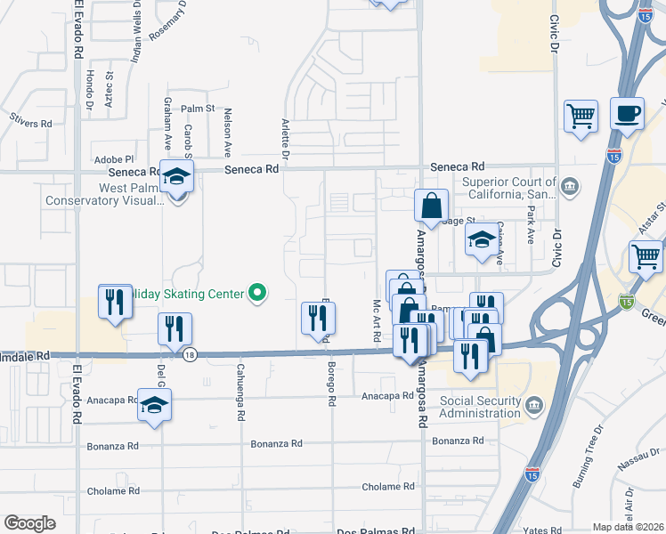 map of restaurants, bars, coffee shops, grocery stores, and more near 14344 Mcart Road in Victorville