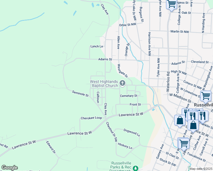 map of restaurants, bars, coffee shops, grocery stores, and more near 1-119 Dallas St in Russellville