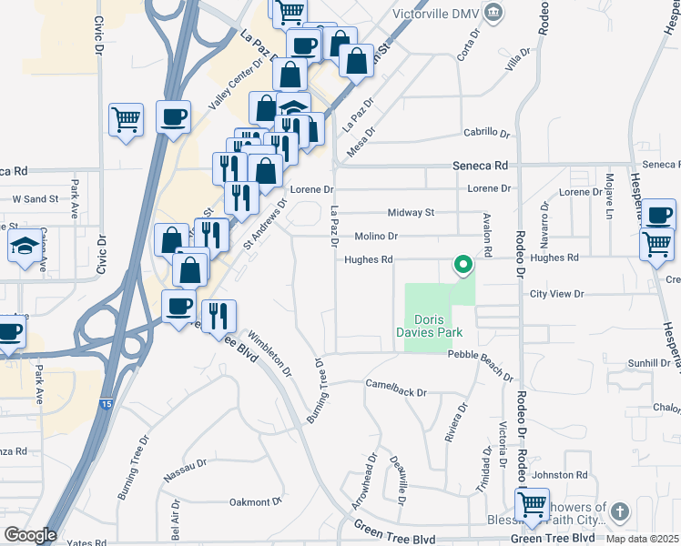 map of restaurants, bars, coffee shops, grocery stores, and more near 14299 La Paz Drive in Victorville