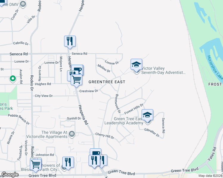 map of restaurants, bars, coffee shops, grocery stores, and more near 14270 Woodland Drive in Victorville