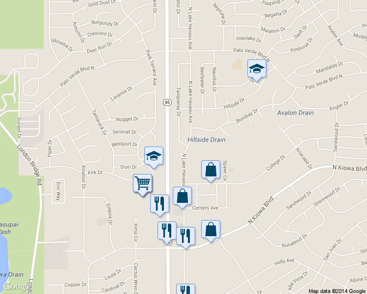 map of restaurants, bars, coffee shops, grocery stores, and more near 1245 Tanqueray Drive in Lake Havasu City
