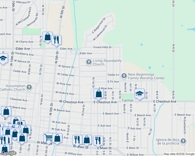 map of restaurants, bars, coffee shops, grocery stores, and more near 201 East Cedar Avenue in Duncan