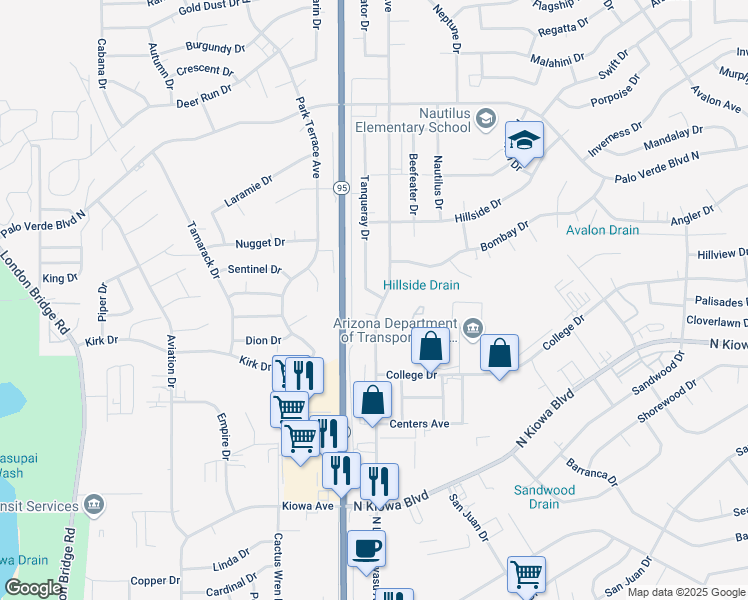 map of restaurants, bars, coffee shops, grocery stores, and more near 1245 Tanqueray Drive in Lake Havasu City