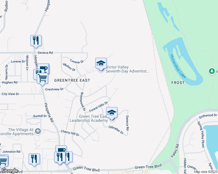 map of restaurants, bars, coffee shops, grocery stores, and more near 999 Montecito Drive in Victorville