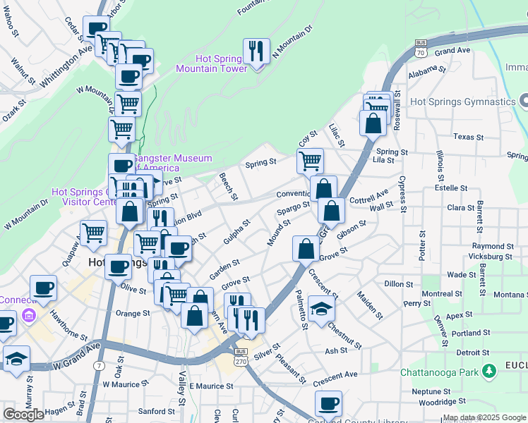 map of restaurants, bars, coffee shops, grocery stores, and more near 203 Spargo Street in Hot Springs