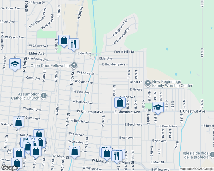 map of restaurants, bars, coffee shops, grocery stores, and more near 105 West Cedar Avenue in Duncan