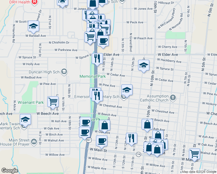 map of restaurants, bars, coffee shops, grocery stores, and more near 1402 West Pine Avenue in Duncan