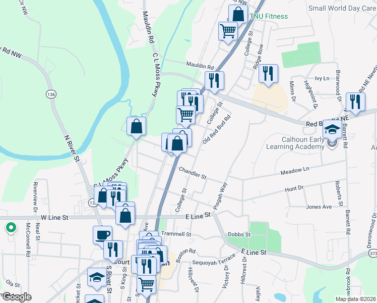 map of restaurants, bars, coffee shops, grocery stores, and more near 100 Metter Lane in Calhoun
