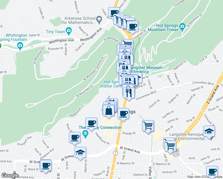 map of restaurants, bars, coffee shops, grocery stores, and more near 236 Prospect Avenue in Hot Springs