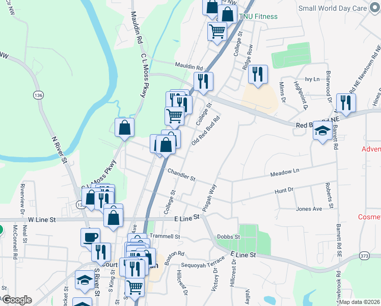 map of restaurants, bars, coffee shops, grocery stores, and more near 705 Old Red Bud Road in Calhoun