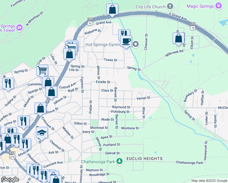 map of restaurants, bars, coffee shops, grocery stores, and more near 200 Clara Street in Hot Springs