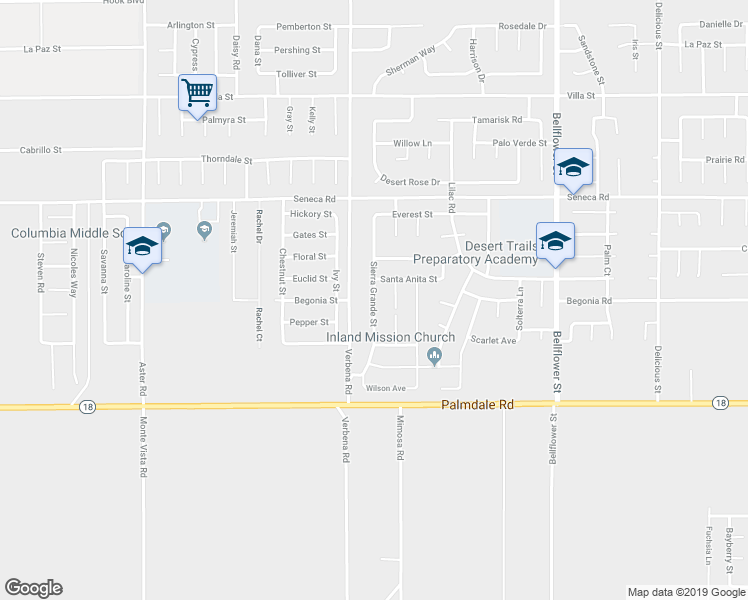 map of restaurants, bars, coffee shops, grocery stores, and more near Sierra Grande Street in Adelanto