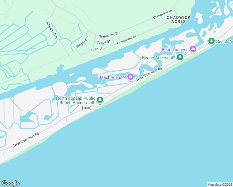 map of restaurants, bars, coffee shops, grocery stores, and more near 1305 New River Inlet Road in North Topsail Beach