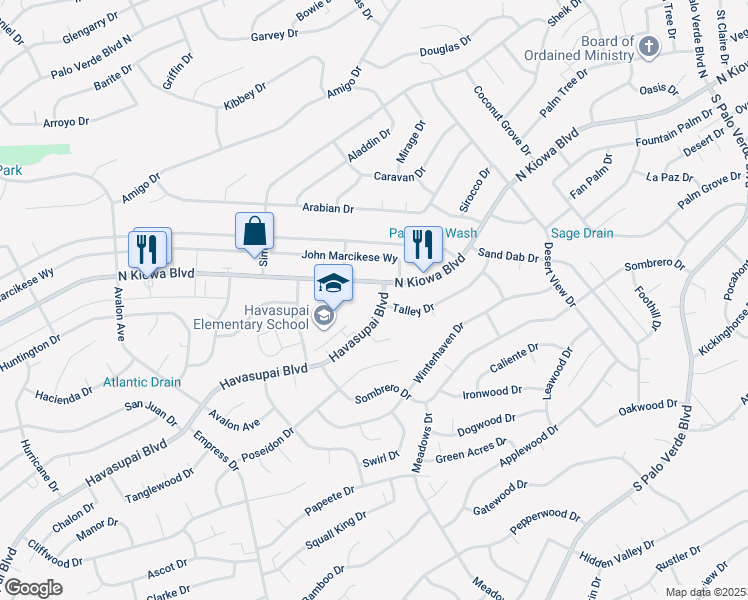 map of restaurants, bars, coffee shops, grocery stores, and more near 2935 Havasupai Boulevard in Lake Havasu City