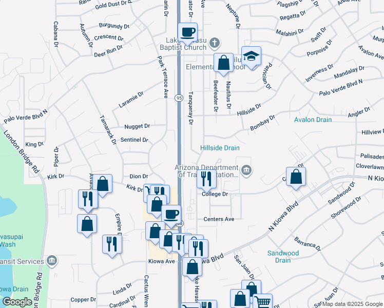 map of restaurants, bars, coffee shops, grocery stores, and more near 1245 Tanqueray Drive in Lake Havasu City
