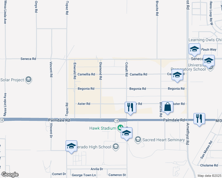 map of restaurants, bars, coffee shops, grocery stores, and more near 13220 Begonia Road in Victorville