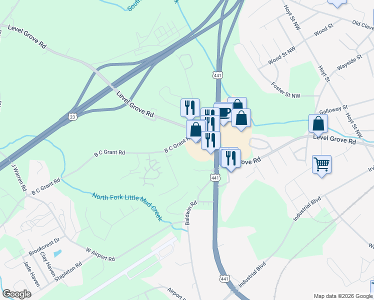 map of restaurants, bars, coffee shops, grocery stores, and more near 1275 Level Grove Road in Cornelia