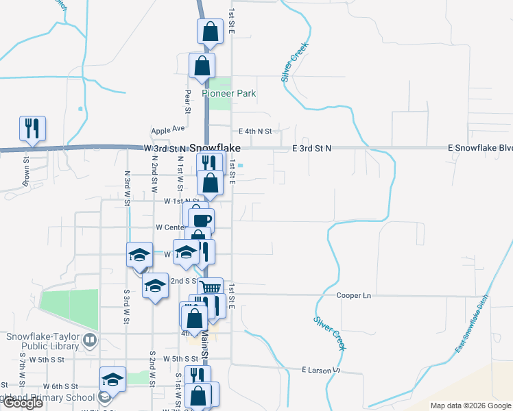 map of restaurants, bars, coffee shops, grocery stores, and more near 218 East 1/2 Street North in Snowflake