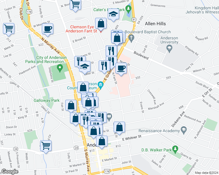 map of restaurants, bars, coffee shops, grocery stores, and more near 612 Bonham Court in Anderson