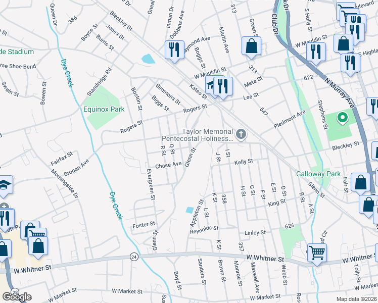 map of restaurants, bars, coffee shops, grocery stores, and more near 11 Oakwood Street in Anderson