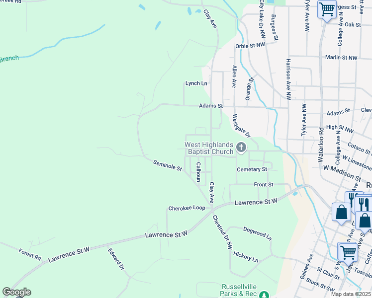 map of restaurants, bars, coffee shops, grocery stores, and more near 119 Dallas Street in Russellville