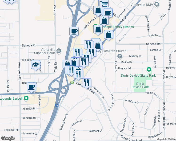map of restaurants, bars, coffee shops, grocery stores, and more near Saint Andrews Drive in Victorville