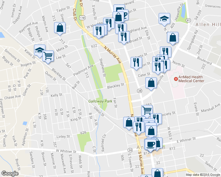 map of restaurants, bars, coffee shops, grocery stores, and more near 303 Bleckley Street in Anderson