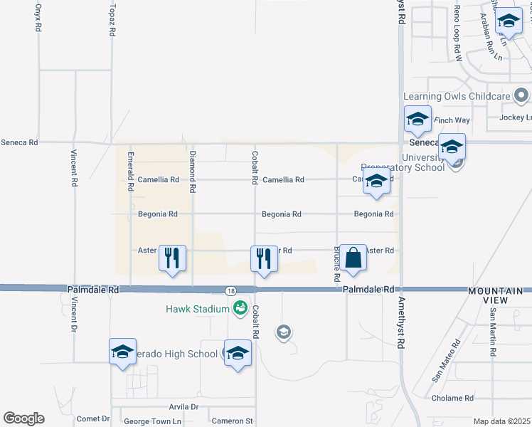 map of restaurants, bars, coffee shops, grocery stores, and more near Begonia Road in Victorville