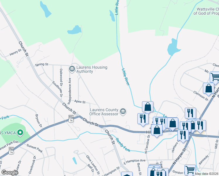 map of restaurants, bars, coffee shops, grocery stores, and more near 113 Spring Street in Laurens