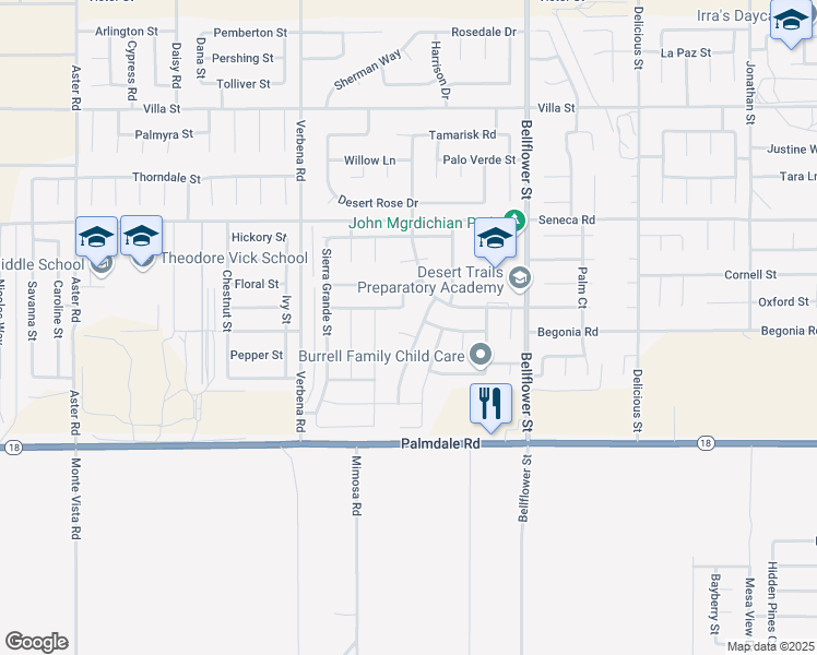 map of restaurants, bars, coffee shops, grocery stores, and more near 11088 Fuchsia Court in Adelanto